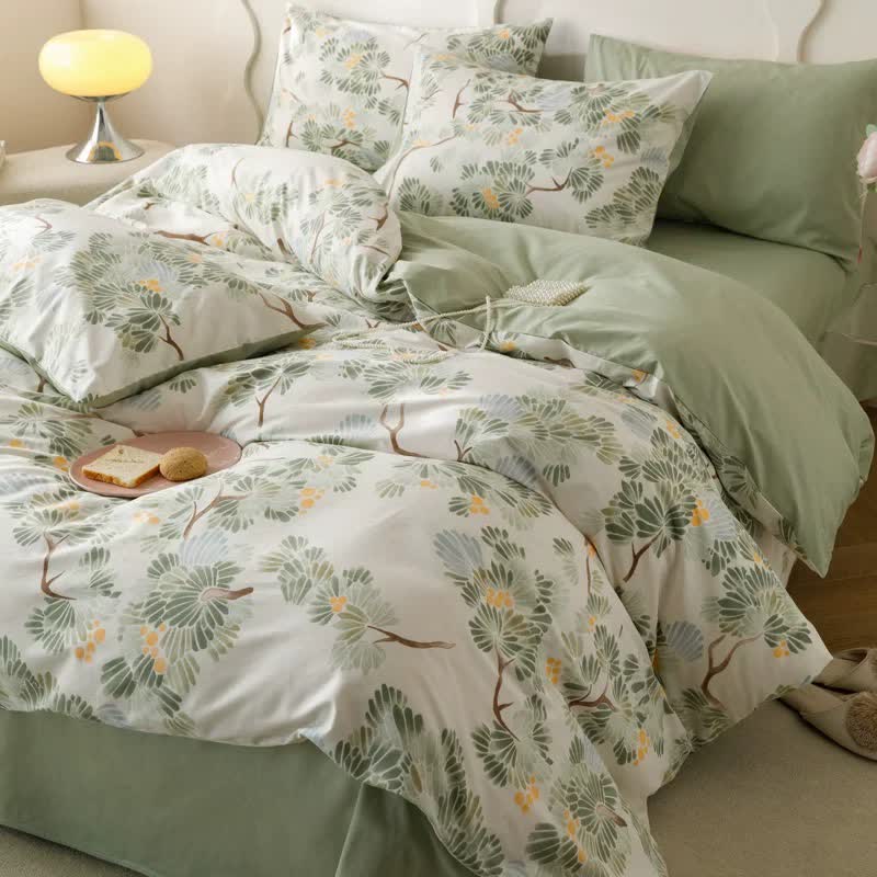 Set di biancheria da letto in cotone con stampa botanica fresca (4 pezzi)