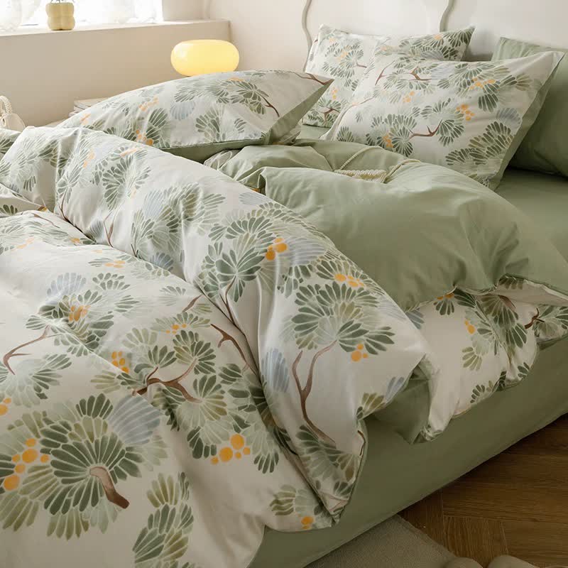 Set di biancheria da letto in cotone con stampa botanica fresca (4 pezzi)