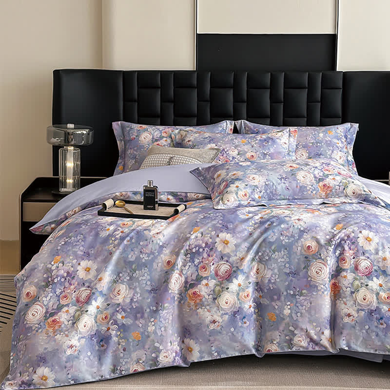 Set di biancheria da letto in cotone con motivo floreale in stile dipinto a olio (4 pezzi)