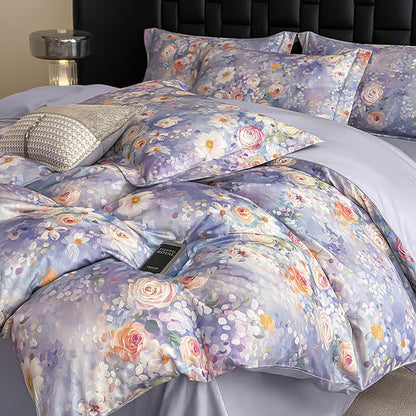 Set di biancheria da letto in cotone con motivo floreale in stile dipinto a olio (4 pezzi)