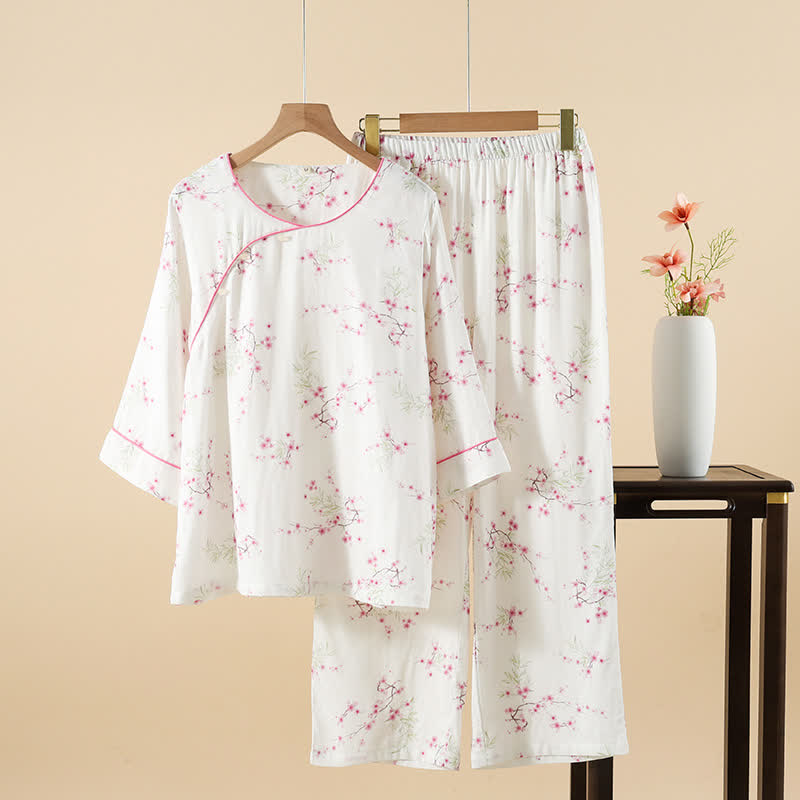 Pigiama in cotone e bambù con stampa vintage di fiori di prugna