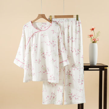Pigiama in cotone e bambù con stampa vintage di fiori di prugna - Beige - XL - image 0