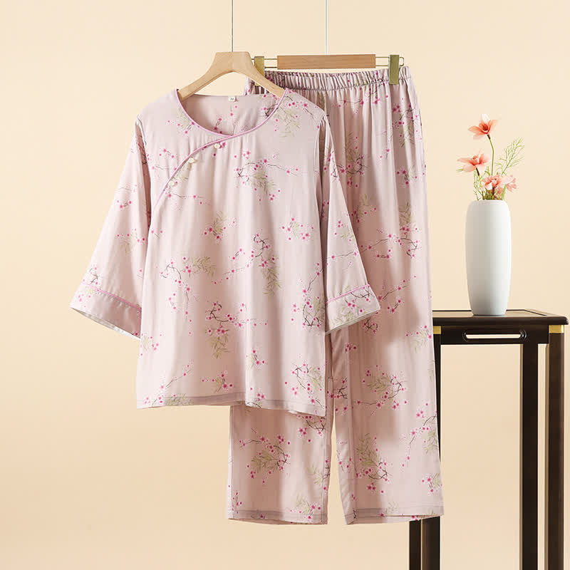 Pigiama in cotone e bambù con stampa vintage di fiori di prugna