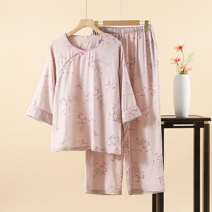Pigiama in cotone e bambù con stampa vintage di fiori di prugna