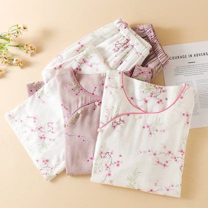 Pigiama in cotone e bambù con stampa vintage di fiori di prugna