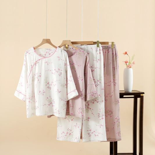 Pigiama in cotone e bambù con stampa vintage di fiori di prugna