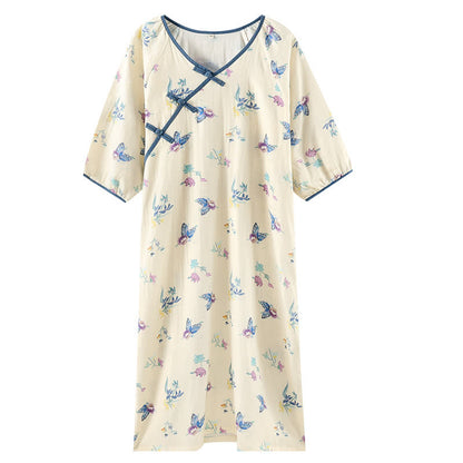 Camicia da notte vintage in garza di cotone con farfalla floreale