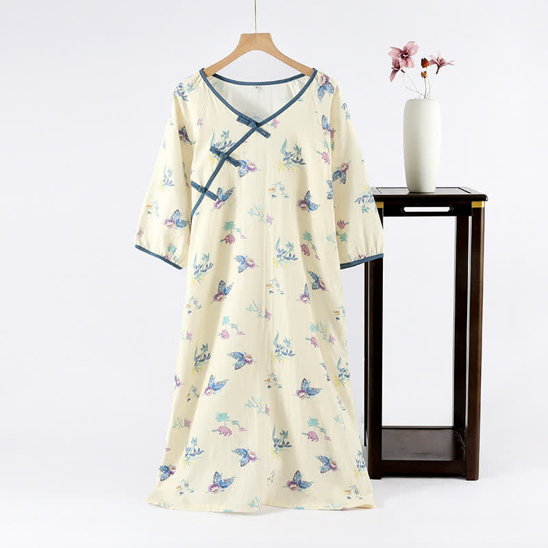 Camicia da notte vintage in garza di cotone con farfalla floreale
