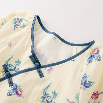 Camicia da notte vintage in garza di cotone con farfalla floreale
