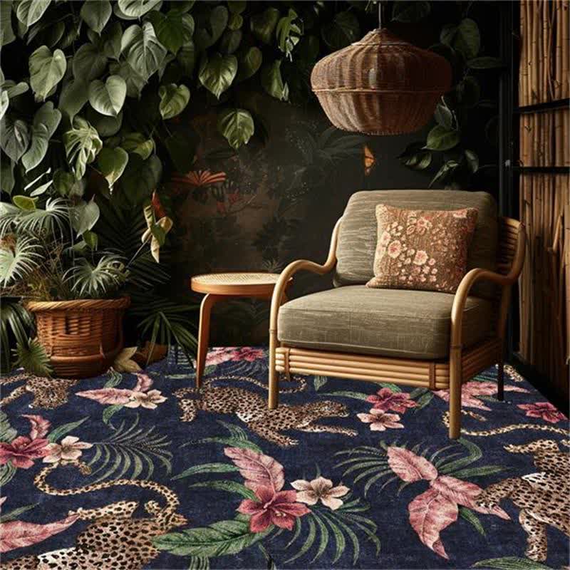 Tappeto antiscivolo lavabile con motivo leopardo tropicale
