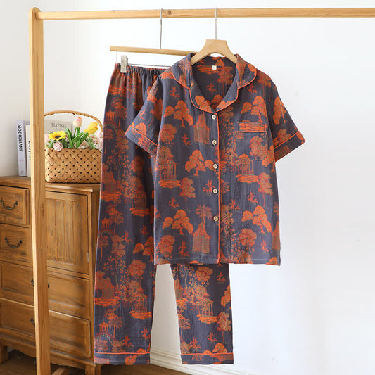 Completo da casa a maniche corte in jacquard di pino vintage in cotone