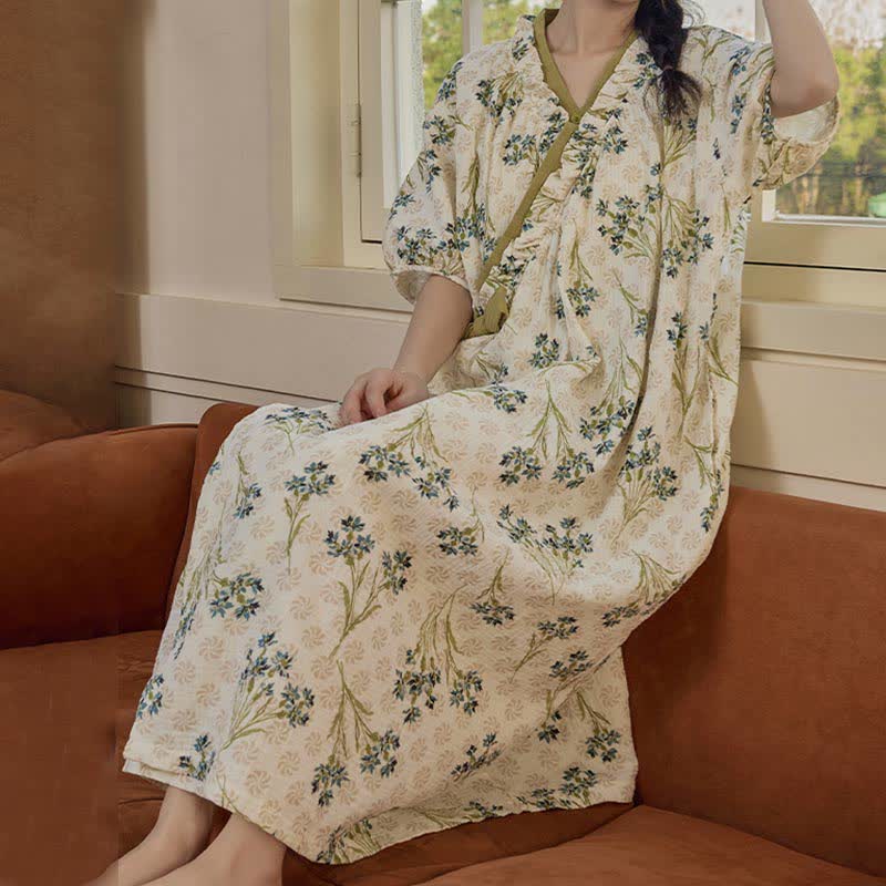Camicia da notte imbottita pastorale a maniche corte con lacci e tasca