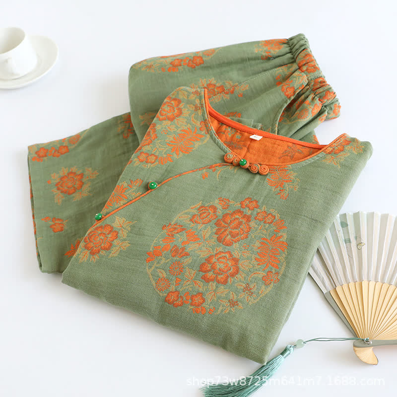 Completo da casa vintage in cotone jacquard tinto in filo