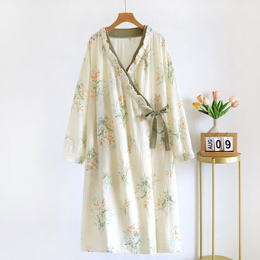 Camicia da notte a maniche lunghe in garza di cotone vegetale con tasca