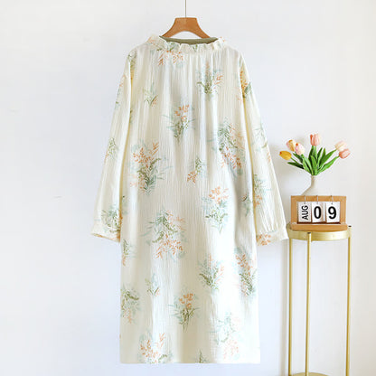 Camicia da notte a maniche lunghe in garza di cotone vegetale con tasca