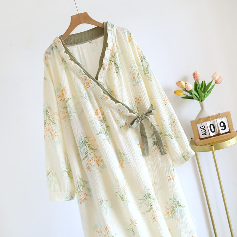 Camicia da notte a maniche lunghe in garza di cotone vegetale con tasca