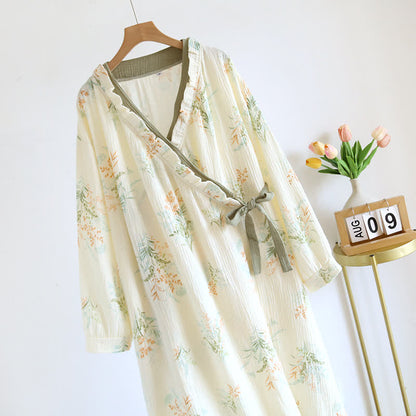 Camicia da notte a maniche lunghe in garza di cotone vegetale con tasca
