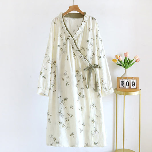 Camicia da notte a maniche lunghe in garza di cotone di bambù con tasca