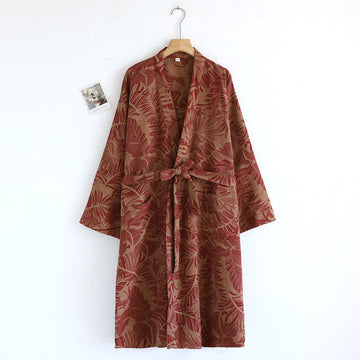 Accappatoio vintage in cotone jacquard con foglie tinto in filo