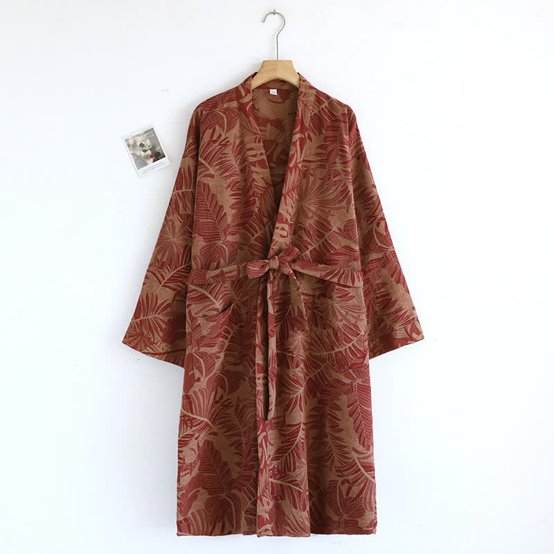 Accappatoio vintage in cotone jacquard con foglie tinto in filo