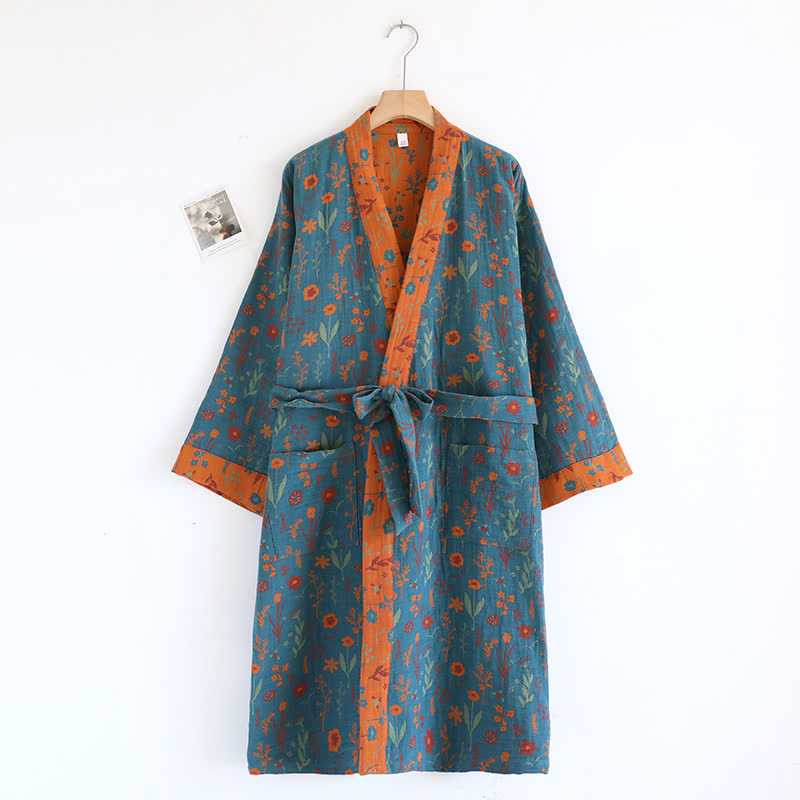 Accappatoio vintage in cotone jacquard floreale tinto in filo