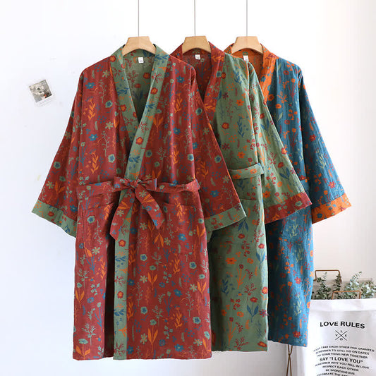 Accappatoio vintage in cotone jacquard floreale tinto in filo