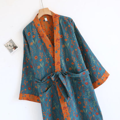 Accappatoio vintage in cotone jacquard floreale tinto in filo