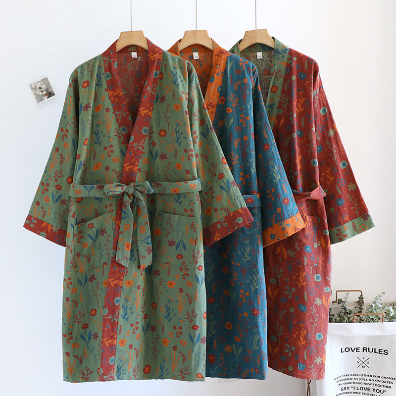 Accappatoio vintage in cotone jacquard floreale tinto in filo