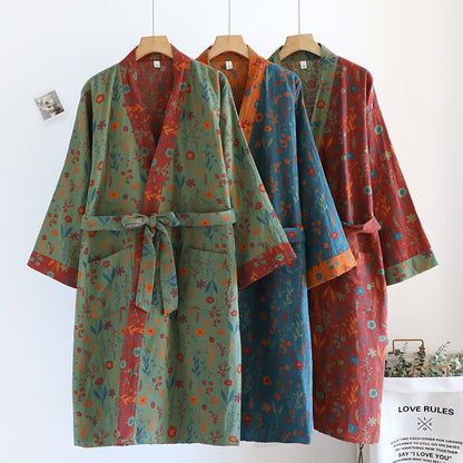 Accappatoio vintage in cotone jacquard floreale tinto in filo