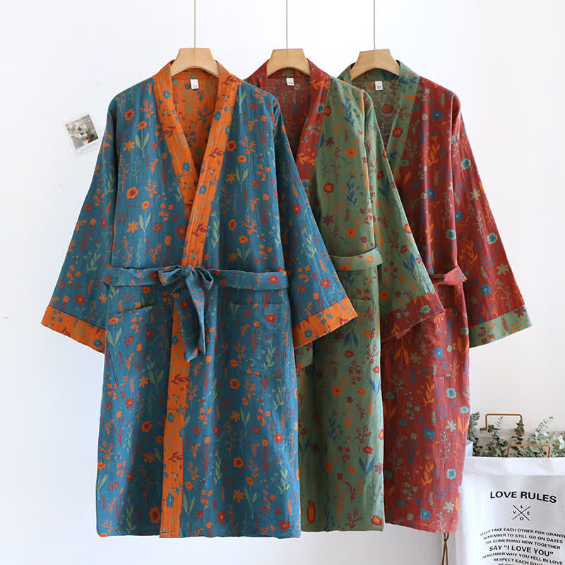 Accappatoio vintage in cotone jacquard floreale tinto in filo