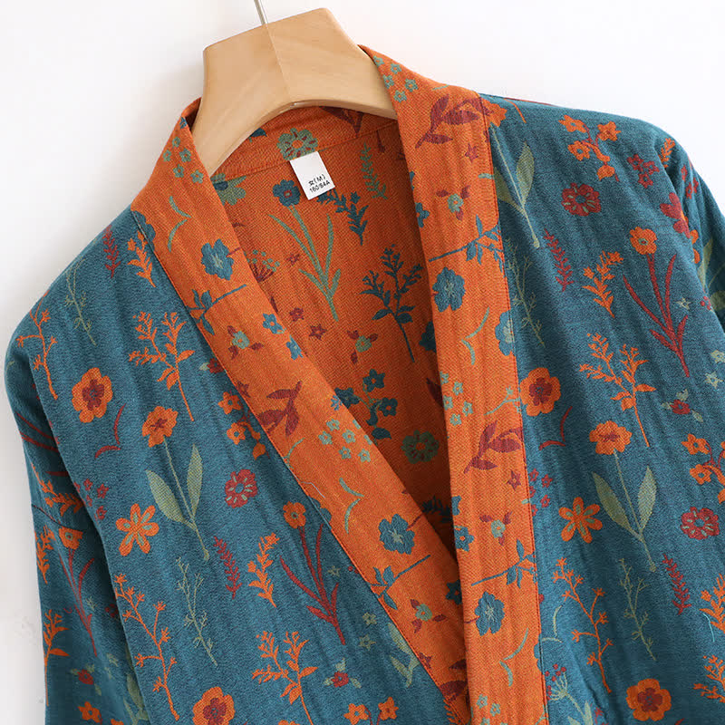 Accappatoio vintage in cotone jacquard floreale tinto in filo