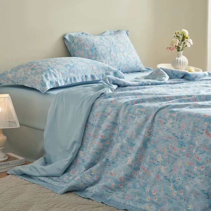 Set di biancheria da letto estiva floreale blu pastorale (4 pezzi)