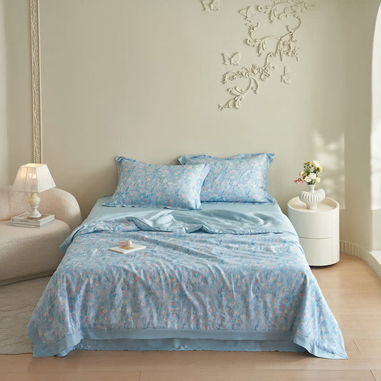 Set di biancheria da letto estiva floreale blu pastorale (4 pezzi)
