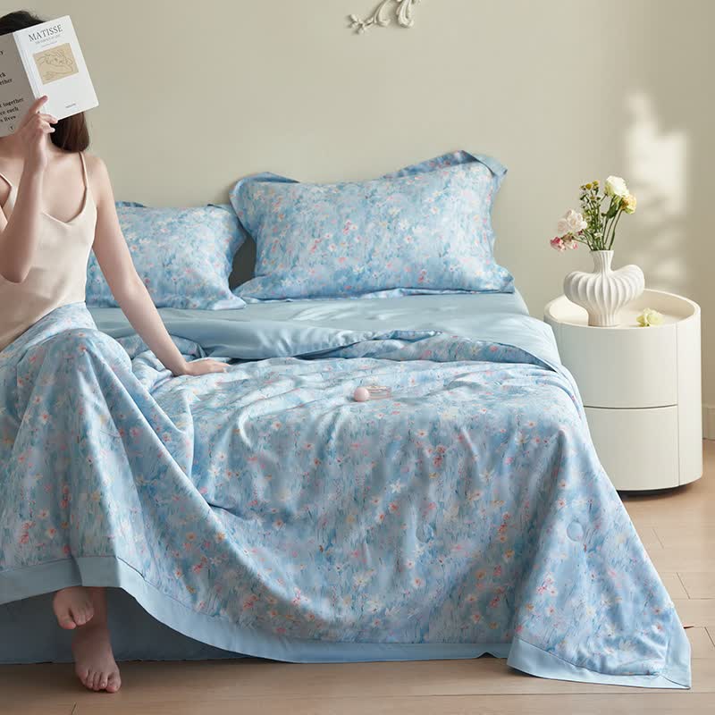 Set di biancheria da letto estiva floreale blu pastorale (4 pezzi)