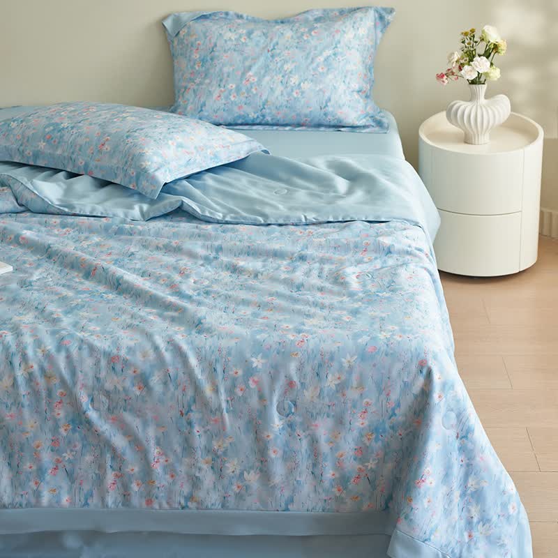 Set di biancheria da letto estiva floreale blu pastorale (4 pezzi)
