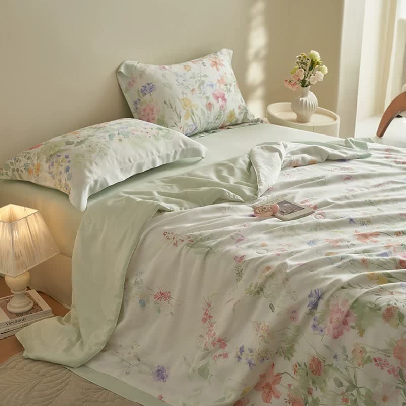 Set di biancheria da letto estiva morbida con motivo floreale pastorale (4 pezzi)