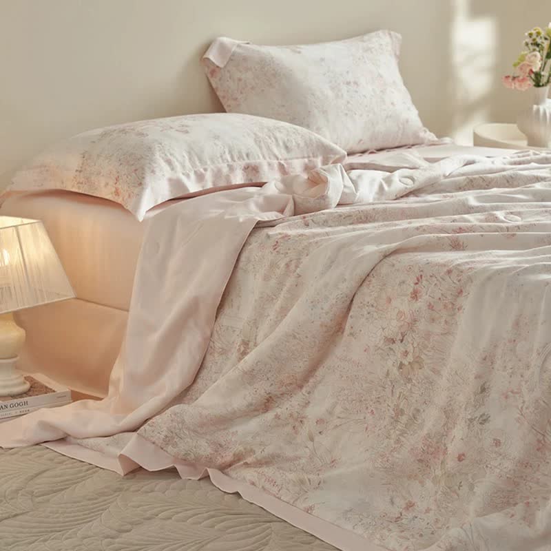 Set di biancheria da letto estiva floreale rosa pastorale (4 pezzi)