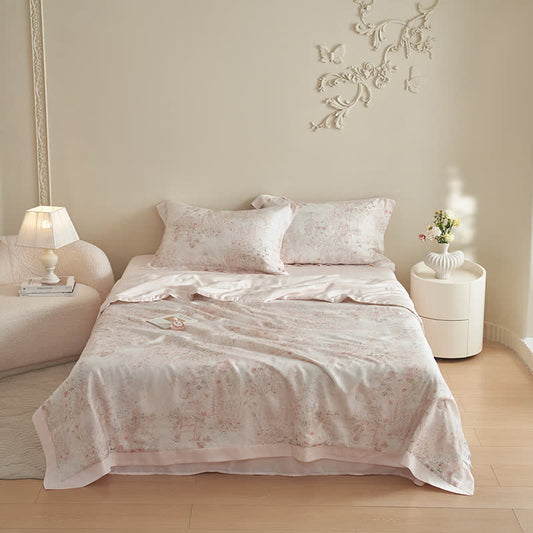 Set di biancheria da letto estiva floreale rosa pastorale (4 pezzi)