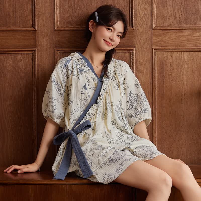 Set pigiama con reggiseno a maniche corte in stile rustico floreale gratuito