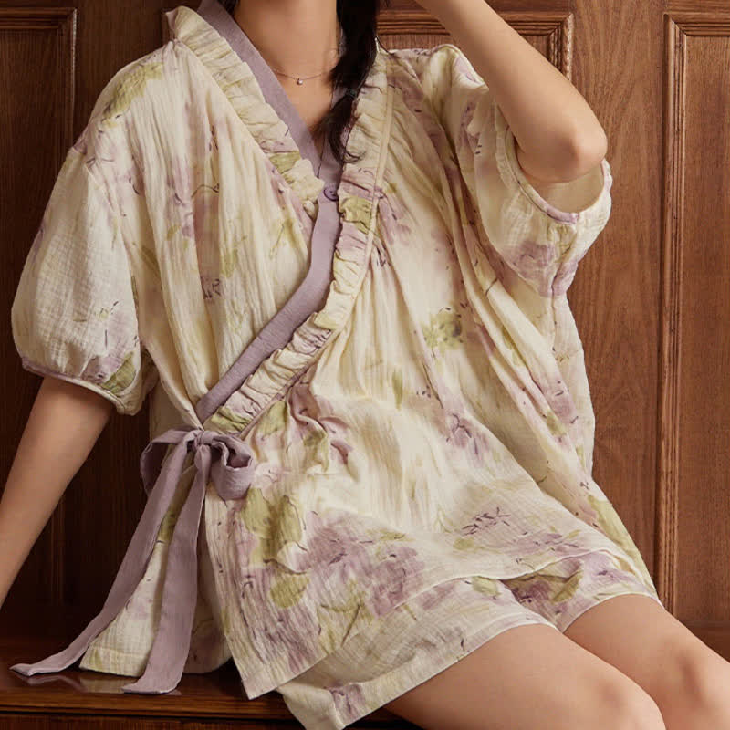 Elegante set pigiama con reggiseno a maniche corte floreale gratuito