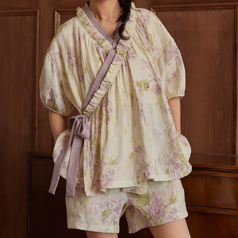 Elegante set pigiama con reggiseno a maniche corte floreale gratuito