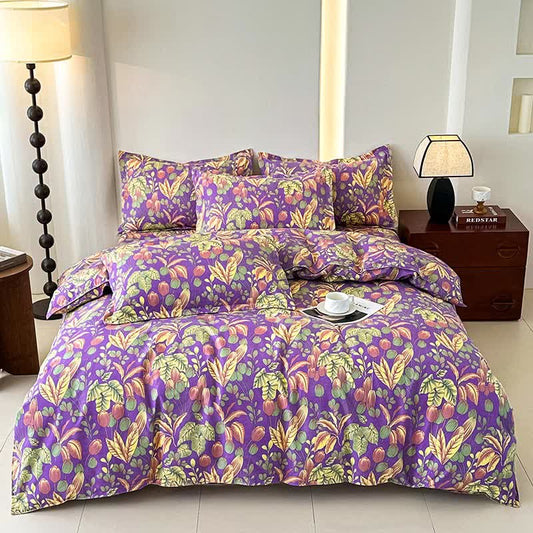 Set di biancheria da letto in morbida garza di cotone con fiori e foglie (4 pezzi)