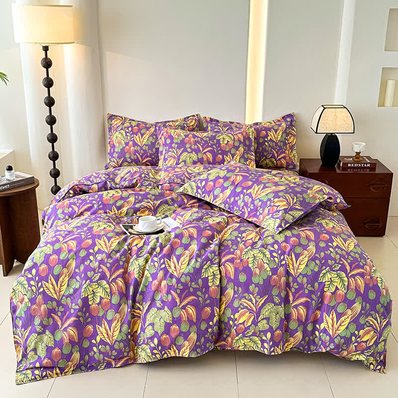 Set di biancheria da letto in morbida garza di cotone con fiori e foglie (4 pezzi)