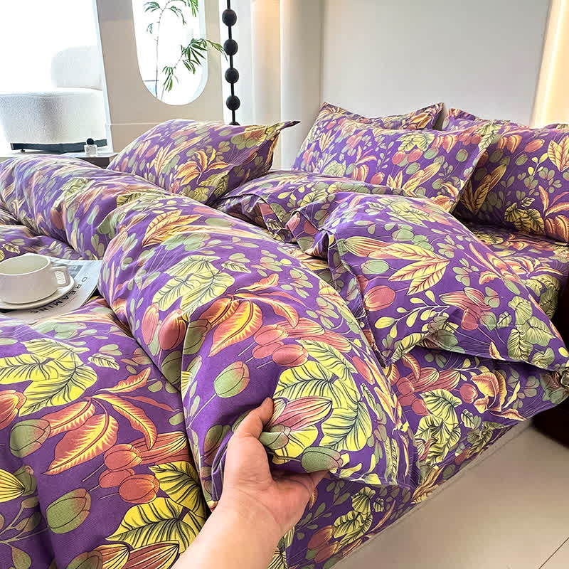 Set di biancheria da letto in morbida garza di cotone con fiori e foglie (4 pezzi)
