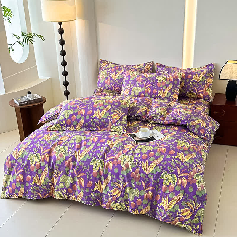 Set di biancheria da letto in morbida garza di cotone con fiori e foglie (4 pezzi)