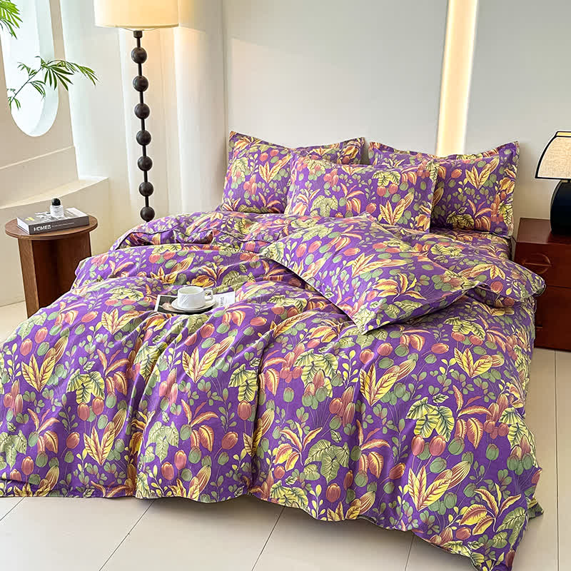Set di biancheria da letto in morbida garza di cotone con fiori e foglie (4 pezzi)