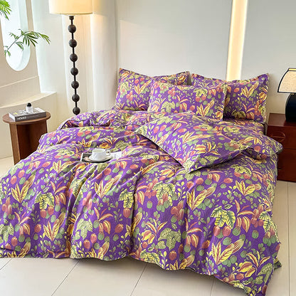 Set di biancheria da letto in morbida garza di cotone con fiori e foglie (4 pezzi)