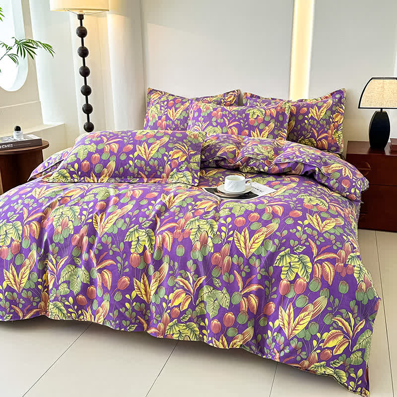 Set di biancheria da letto in morbida garza di cotone con fiori e foglie (4 pezzi)