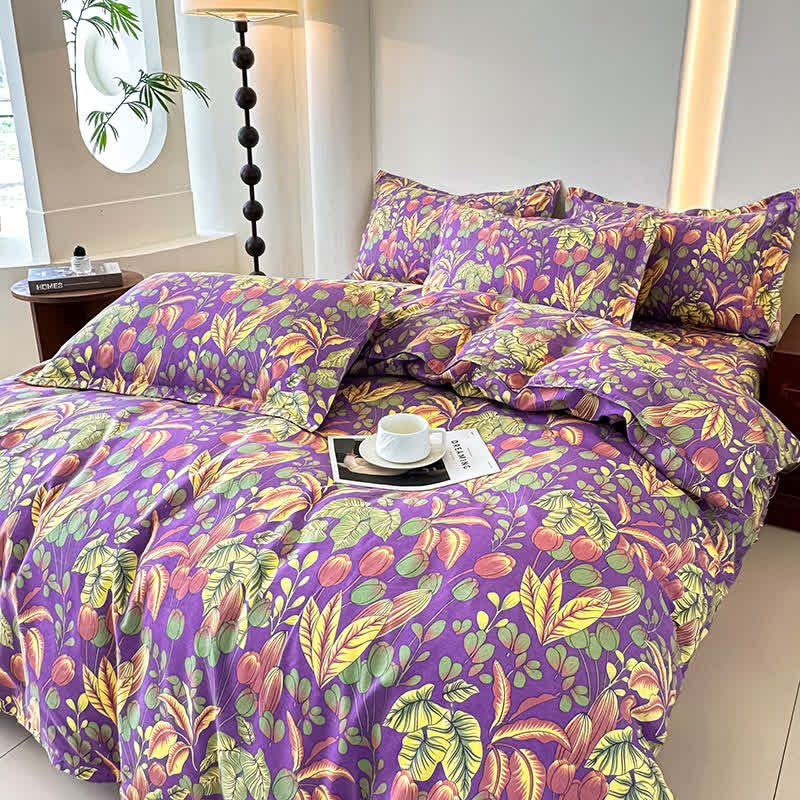 Set di biancheria da letto in morbida garza di cotone con fiori e foglie (4 pezzi)