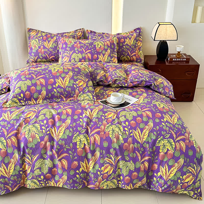 Set di biancheria da letto in morbida garza di cotone con fiori e foglie (4 pezzi)